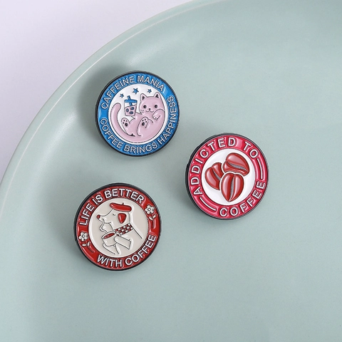 Round Cartoon Coffee Enamel Pin Cute Pink Cat Dog Brooch Zinc Alloy Badge For Backpack Clothing Decoration Gift Jewelry