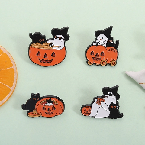 Halloween Emaille Brosche Pin Cartoon Geist Kürbis Schwarze Katze Zinklegierung Abzeichen Für Party Feiertag Kleidung Zubehör