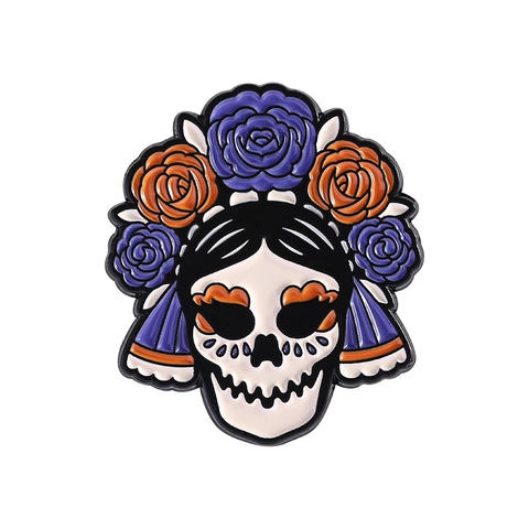 Mexican Day Of The Dead Art Skull Enamel Brooch Pin Alloy Floral Skeleton Lapel Pins For Halloween Party Gothic Jewelry Gift Unisex