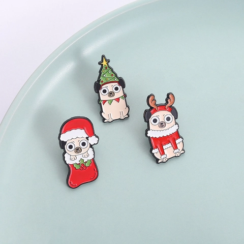 Spille Smaltate Natalizie Cane Carlino Distintivi Animali Cartone Animato Spille Lega per Vestiti Borse Gioielli Festivi Accessori