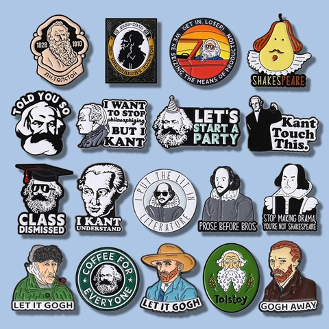 Historische Beroemdheid Emaille Broche Zinklegering Literair Shakespeare Marx Kant Van Gogh Grappige Badge Pins Voor Kleding Decoratie Sieraden Cadeau