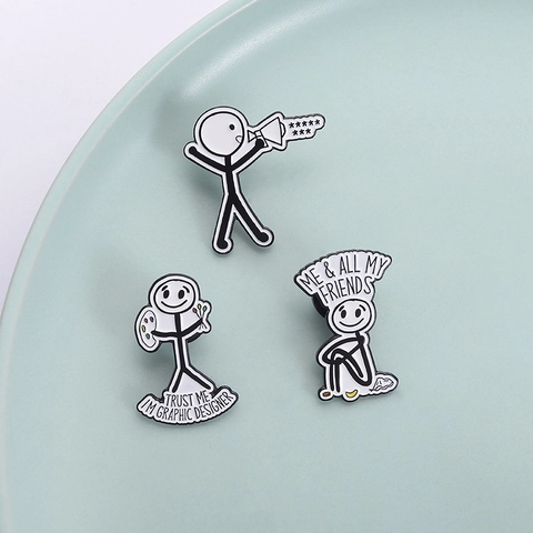 Divertido Juego de Pines de Esmalte de Figura de Palo Frases de Diseñador Gráfico Broche Minimalista de Aleación de Zinc para Mochila Ropa Joyería Regalo