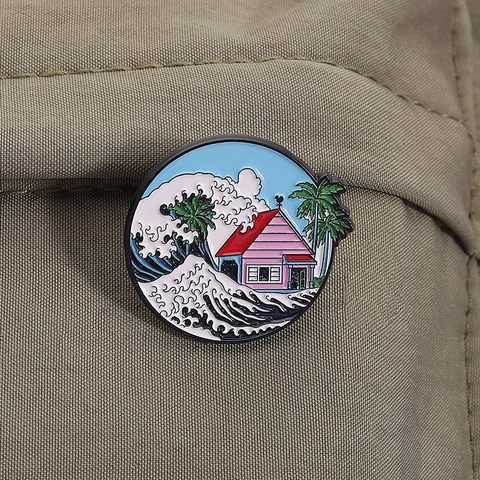 Creative Seaside Landscape Enamel Pin Round Ocean Waves Palm Trees House Zinc Alloy Badge Clothing Jewelry Brooch Gift