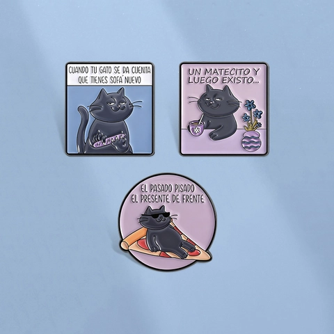 Lustige Humorvolle Schwarze Katze Emaille Pin Spanisches Zitat Zinklegierung Brosche Abzeichen Für Rucksack Kleidung