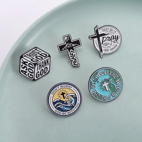 Christian Religious Enamel Pin Zinc Alloy Cross Map Wave Mountain Letter Inspirational Quote Brooch Clothing Bag Badge