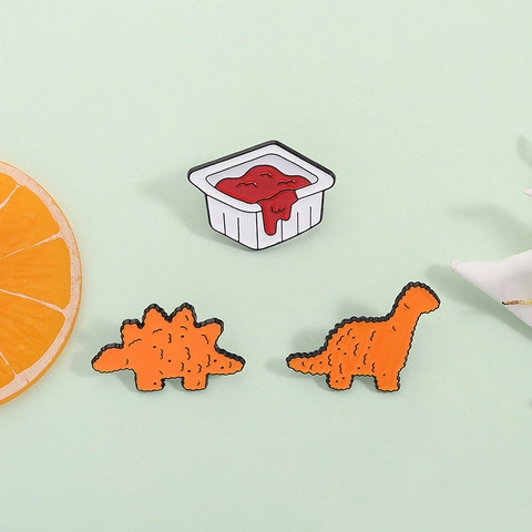 Cartoon Dinosaur Chicken Nugget Ketchup Enamel Pins Funny Food Badges Alloy Brooches For Backpack Clothes Hat Decoration