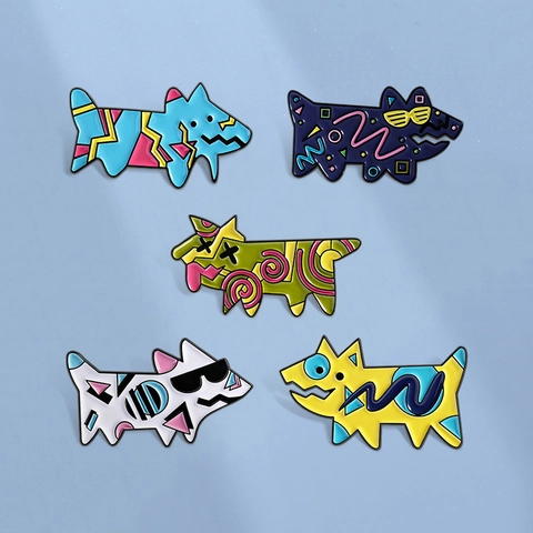 Retro Pop Art Dog Enamel Brooch Pin Colorful Geometric Pattern Zinc Alloy Animal Badge For Clothing Decoration Women Men