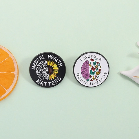 Mental Health Awareness Legierung Emaille Brosche Embrace Neurodiversity Gehirn Sonnenblume Schmetterling Abzeichen Pin Für Wohlfahrt