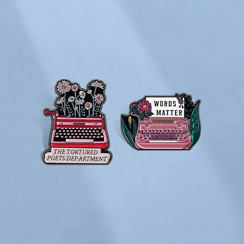 Vintage Typewriter Flower Enamel Brooch Zinc Alloy Literary Lapel Pin Poet Theme Words Matter Accessory Jewelry For Clothing