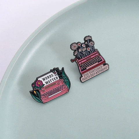 Vintage Typewriter Flower Enamel Brooch Zinc Alloy Literary Lapel Pin Poet Theme Words Matter Accessory Jewelry For Clothing