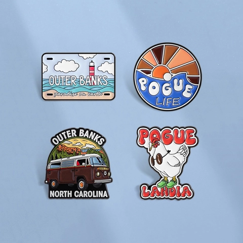 Vintage Alloy Enamel Brooch Pin Set Coastal Sunset Wave Lighthouse Retro Van Cartoon Chicken Design Badge For Backpack Clothes
