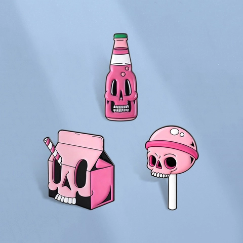 Roze Schedel Emaille Pin Halloween Melkpak Drankfles Lolly Badge Voor Rugzak Kleding Decoratie Sieraden Cadeau