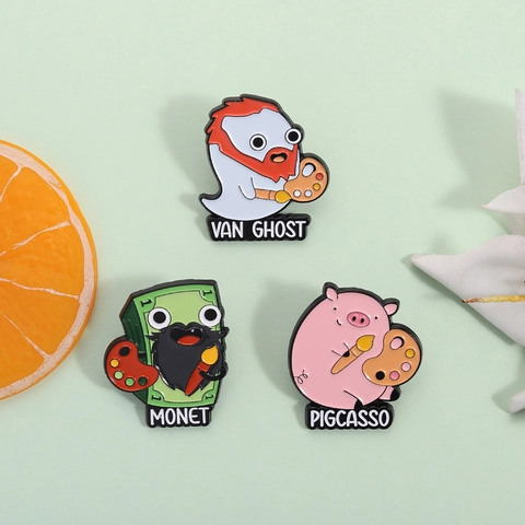 Ensemble d'Épingles en Émail Drôles Jeux de Mots Artistes Monet Pigcasso Van Ghost Broches en Alliage de Dessin Animé pour Amateurs d'Art Badges Veste Sac à Dos