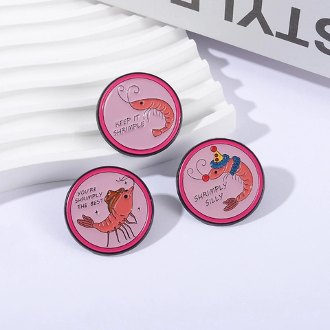 Funny Cartoon Round Shrimp Enamel Brooch Pin For Women Men Zinc Alloy Pink Seafood Animal Badge Shrimply Silly Simply The Best Keep It Shrimple Fun Jewelry Accessories