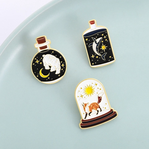 Creative Cartoon Animal Enamel Brooch Pin Zinc Alloy Fox Bear Whale Starry Sky Celestial Bottle Badge For Clothes Gift
