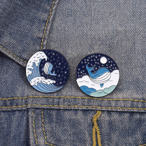 Japanese Style Blue Whale Enamel Pin Starry Sky Moon Clouds Ocean Waves Metal Brooch Cartoon Badge For Backpack Accessory Unisex Jewelry