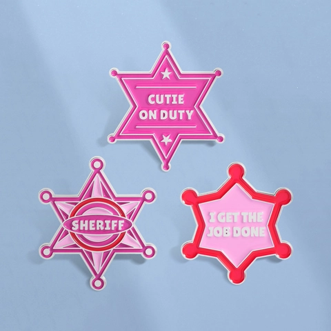 Creative Pink Enamel Star Brooch Set Zinc Alloy Hexagram Badge Pins Cutie On Duty Sheriff Slogan Jewelry For Women Girls