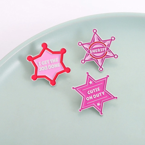 Creative Pink Enamel Star Brooch Set Zinc Alloy Hexagram Badge Pins Cutie On Duty Sheriff Slogan Jewelry For Women Girls