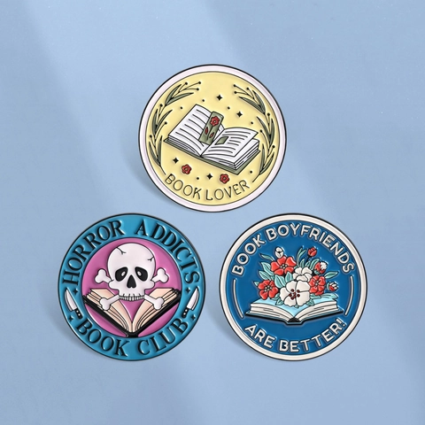 Enamel Book Lover Brooch Set Zinc Alloy Horror Addicts Book Club Round Badge Literary Jewelry Gift For Readers Bookworms
