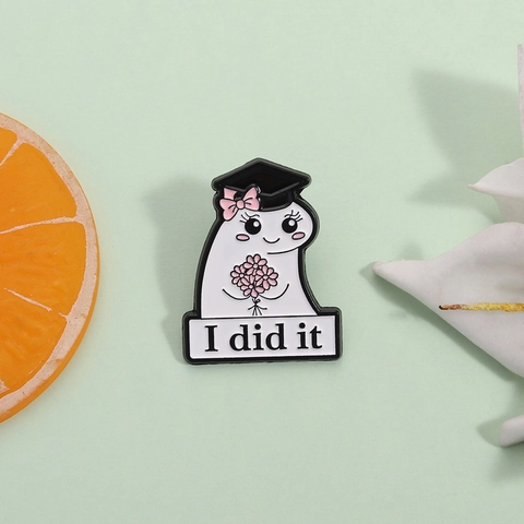 Cute Cartoon Alloy Graduation Ghost Enamel Brooch Pin I Did It Doctoral Hat Flower Badge Commemorative Jewelry For Graduates