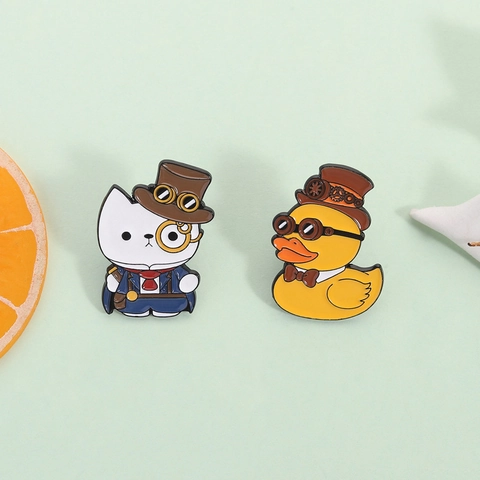 Steampunk Gentleman Duck Mechanical Cat Alloy Enamel Brooch Vintage Cartoon Animal Badge Lapel Pin For Unisex Clothes Decor