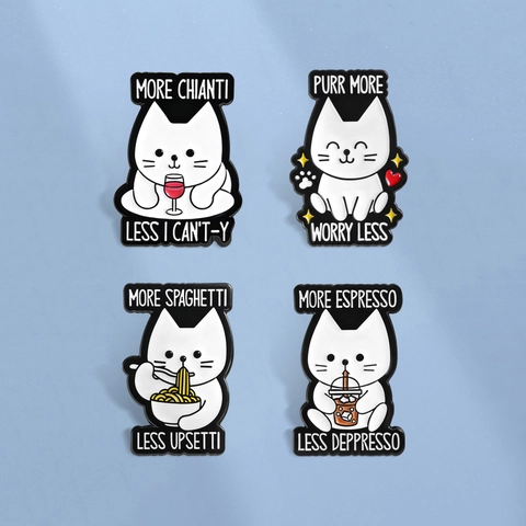 Süße Cartoon Katze Emaille Brosche Pin Set Lustige Essen Trinken Slogans Zinklegierung Abzeichen Für Tägliche Outfit Rucksack Dekoration