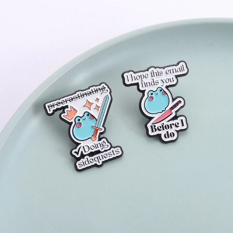 Funny Blue Frog Enamel Pin Zinc Alloy Brooch Doing Sidequests Email Finds You Humor Badge For Backpack Jacket Office Unisex Gift