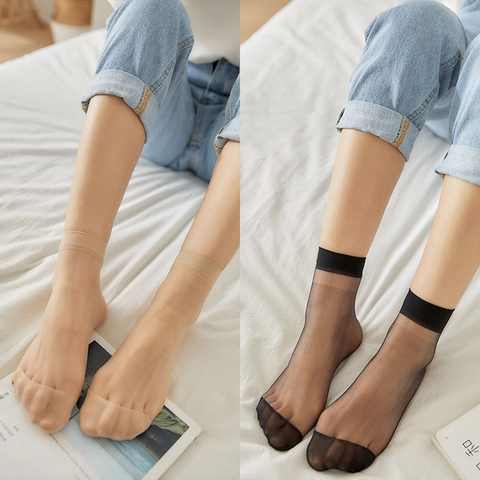 Women's Crystal Silk Ankle Socks Ultra Thin Transparent Breathable Reinforced Toe Elastic Summer Sheer Hosiery Solid Color