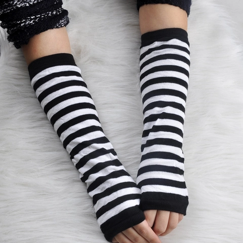 Damen Gestrickte Fingerlose Armstulpen Baumwolle Gestreift Langarm Handschuhe Daumenloch Winter Warm Handschutz Einfarbig Accessoire