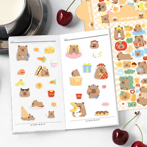 Cute Cartoon Capybara PET Waterproof Stickers For Scrapbooking DIY Journaling Decor Aesthetic Cartoon Animal Decals Stationery