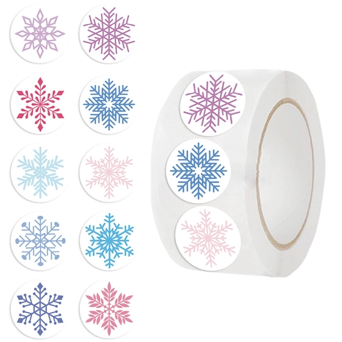 Pegatinas de Copos de Nieves Navideñas Redondas Multicolor Tema de Invierno Autoadhesivas Sello de Sobre Etiqueta Decorativa