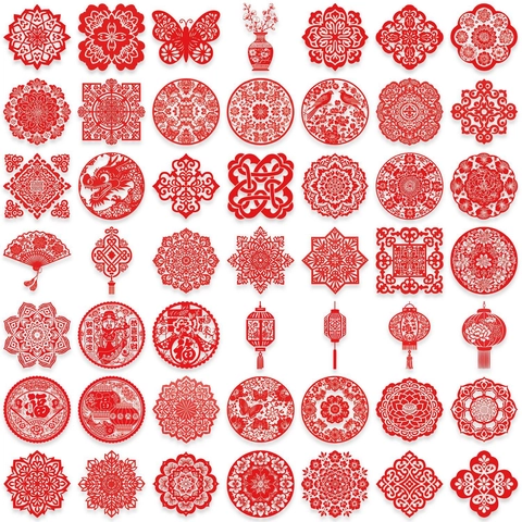 Traditional Chinese Paper Cut Style Red PET Waterproof Stickers For Scrapbooking Notebook DIY Decoration Fu Character Flower Patterns