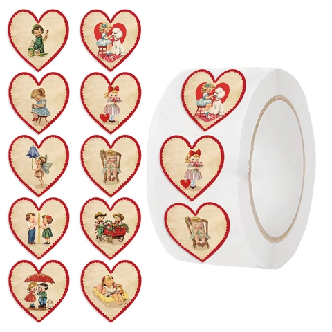 Vintage Hartvormige Schulpkant Washi Papier Stickerrol Retro Kinderen Illustratie Zelfklevende Afdichtingsetiketten Voor Handboek DIY Cadeau Decoratie