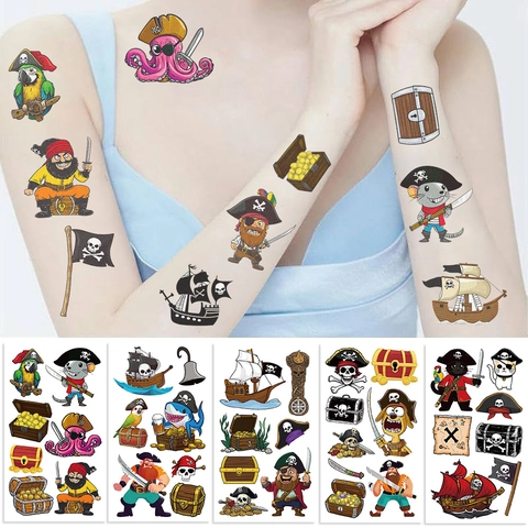 Kids Cartoon Pirate Theme Temporary Tattoo Stickers Waterproof Pirate Ship Skull Treasure Chest Party Favors For Children