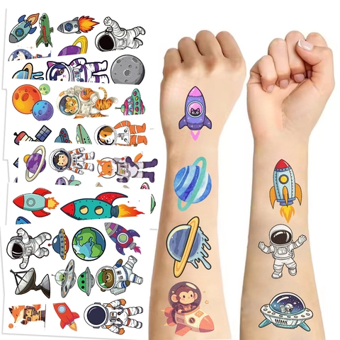 Autocollants de Tatouage Temporaire Espace Astronaute pour Enfants Imperméable Dessin Animé Fusée Planète Tatouage