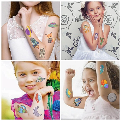 Autocollants de Tatouage Temporaire Espace Astronaute pour Enfants Imperméable Dessin Animé Fusée Planète Tatouage