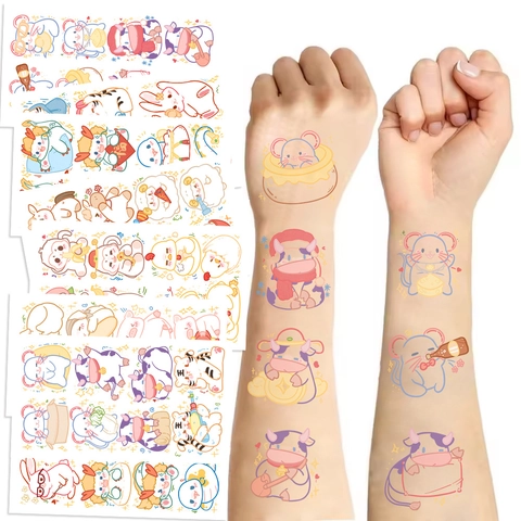 Adesivi per Tatuaggi Temporanei a Cartone Animato Zodiaco Cinese Impermeabili per Feste di Compleanno per Bambini Tatuaggi Animali