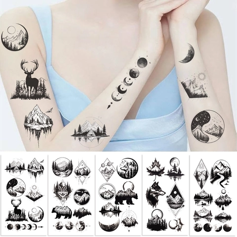 Adesivi per Tatuaggi Temporanei Impermeabili Neri Minimalisti Foresta Montagna Natura Animale Lupo Cervo Luna Accessorio Body Art