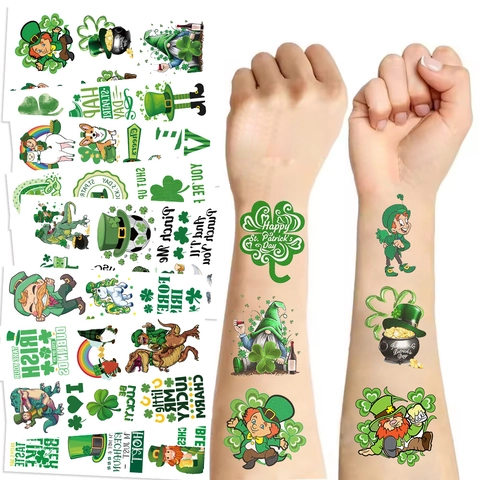 St. Patrick's Day Temporary Tattoo Stickers Waterproof Green Shamrock Leprechaun Rainbow Pattern Face Body Art For Festival Party Decoration