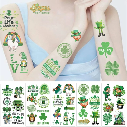 St. Patrick's Day Temporary Tattoo Stickers Waterproof Green Shamrock Leprechaun Rainbow Pattern Face Body Art For Festival Party Decoration