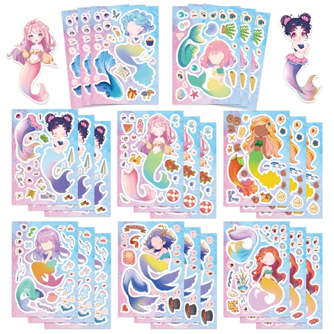 DIY Meerjungfrau Ankleide Aufkleber Cartoon Meerjungfrau Prinzessin Gesichtstausch Collage PVC Wasserdicht Deko Sticker Für Mädchen Kinder