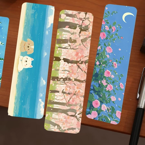 Künstlerische Papier Lesezeichen Natur Landschaft Illustration Wasserdicht UV Lack Lesezubehör Frisch Heilender Stil Für Studenten Leser
