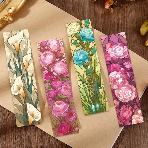 Stained Glass Style Floral Paper Bookmarks For Reading Set Vintage Aesthetic Flower Cardstock Book Page Markers For Students Gift