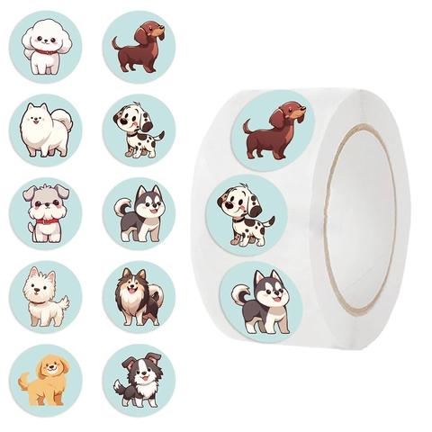 Cartoon Dog Washi Paper Stickers Cute Animal Round Labels For DIY Scrapbook Journal Envelope Sealing Decoration Gift Roll