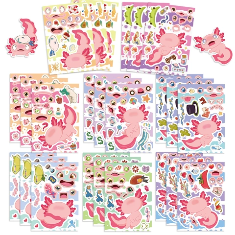 Pegatinas Axolotl Make A Face Para Niños DIY Animal Dibujos Animados Impermeable PVC Hoja De Pegatinas Para Scrapbooking Papelería Fiesta