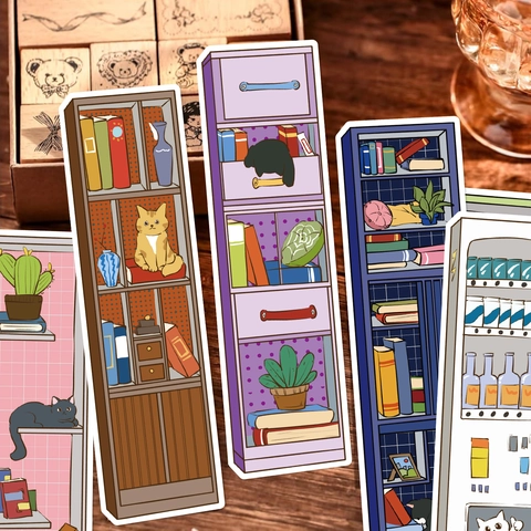 Cartoon Cat Bookshelf Paper Bookmarks For Reading Journaling DIY Stationery Cute Hand Drawn Illustration Bookmark Set