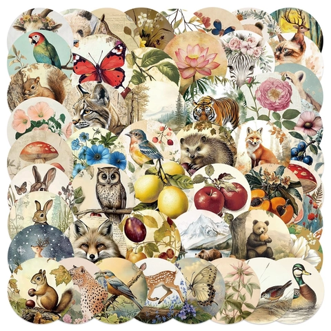 Forest Animal Waterproof PVC Stickers For Laptop Guitar Suitcase Vintage Hand-Drawn Watercolor DIY Decoration Stickers
