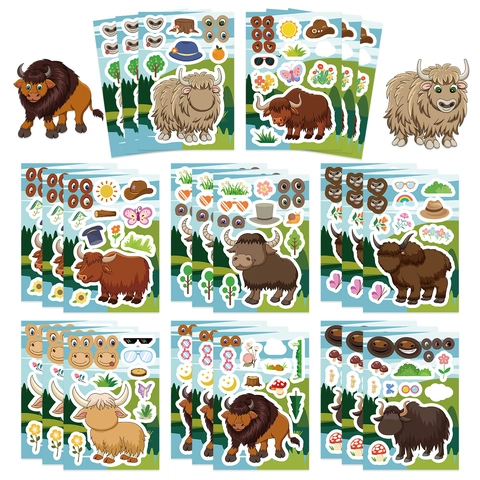 Cartoon Highland Cow DIY Stickers Waterproof PVC Animal Face Swap Collage Decals For Kids Diary Notebook Scrapbooking Decoration