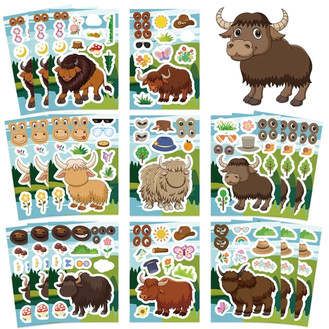 Cartoon Highland Cow DIY Stickers Waterproof PVC Animal Face Swap Collage Decals For Kids Diary Notebook Scrapbooking Decoration