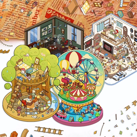 3D Cartoon DIY Miniature Scene PET Stickers Cute House Treehouse Amusement Park Waterproof Decorative Decals For Journal Notebook